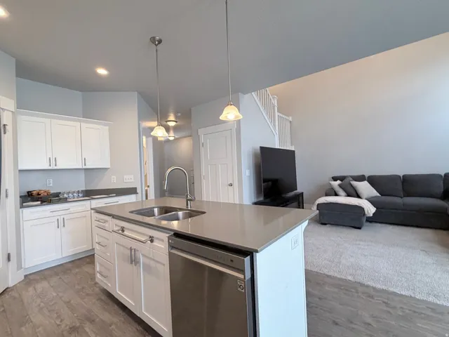 Kitchen island featuring a double-basin sink and stainless steel dishwasher