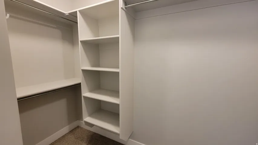 Walk-in closet featuring built-in shelving, two hanging rods, and a carpeted floor