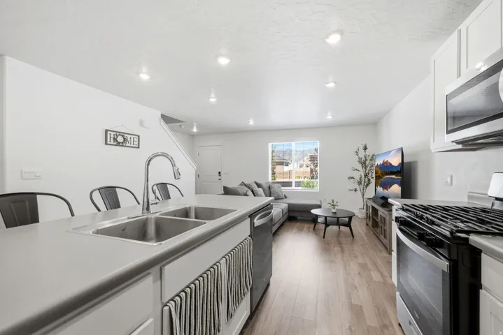Open-concept living space featuring wood-finish flooring, recessed lighting, and a kitchen island with a double basin sink