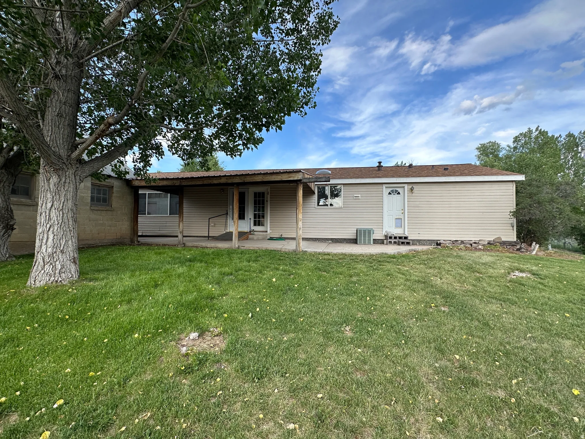 Expansive grassy yard with mature trees and a covered back patio.