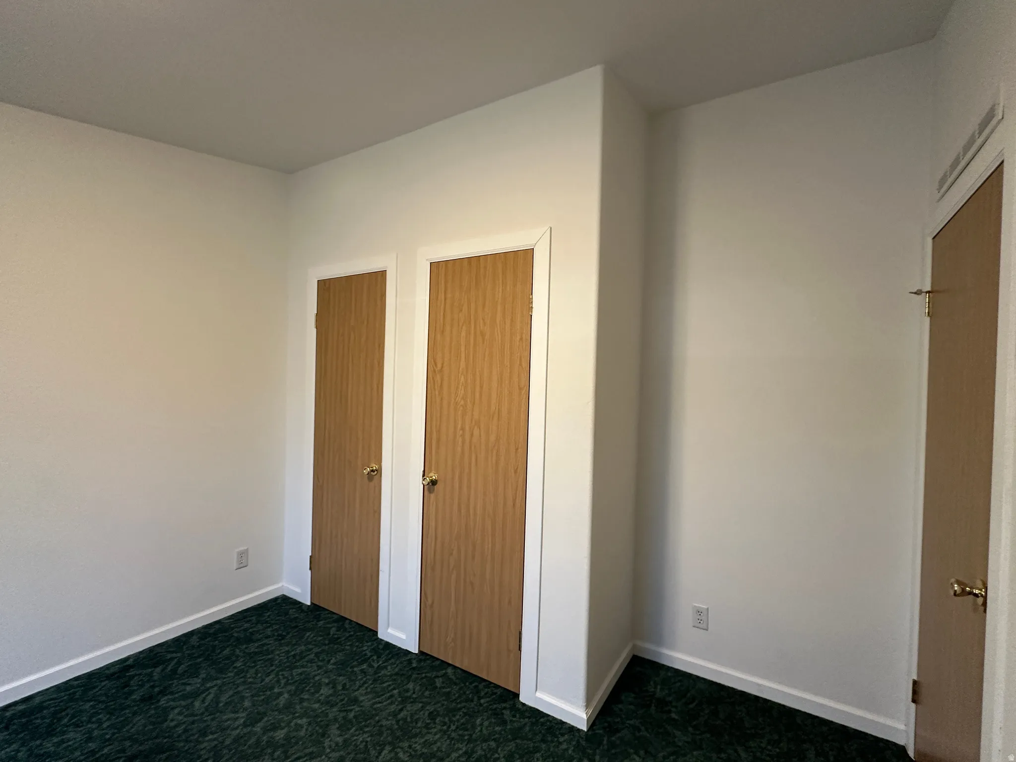 Interior room featuring green textured carpet and white baseboards