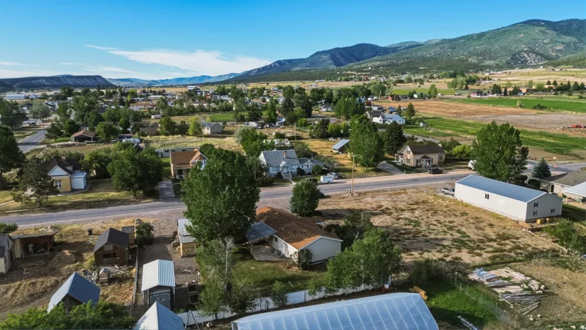 Aerial perspective showcasing a residential area with varied housing styles, mature trees, and mountainous terrain in the background