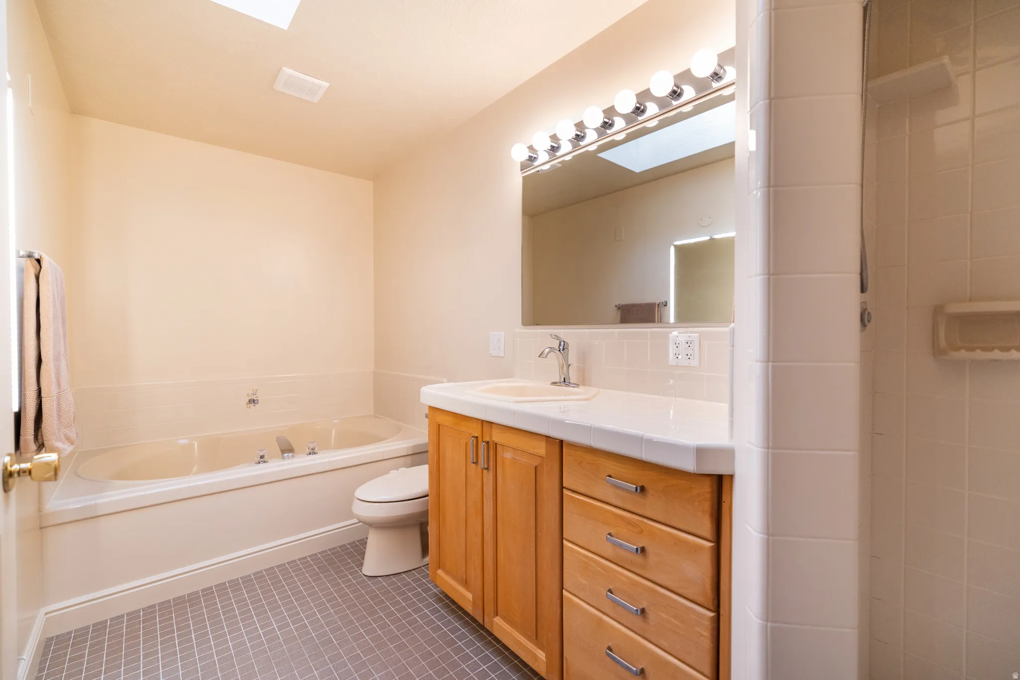 Bathroom featuring a built-in tub, skylights, wood-finish vanity with a single basin sink, and a tiled shower stall