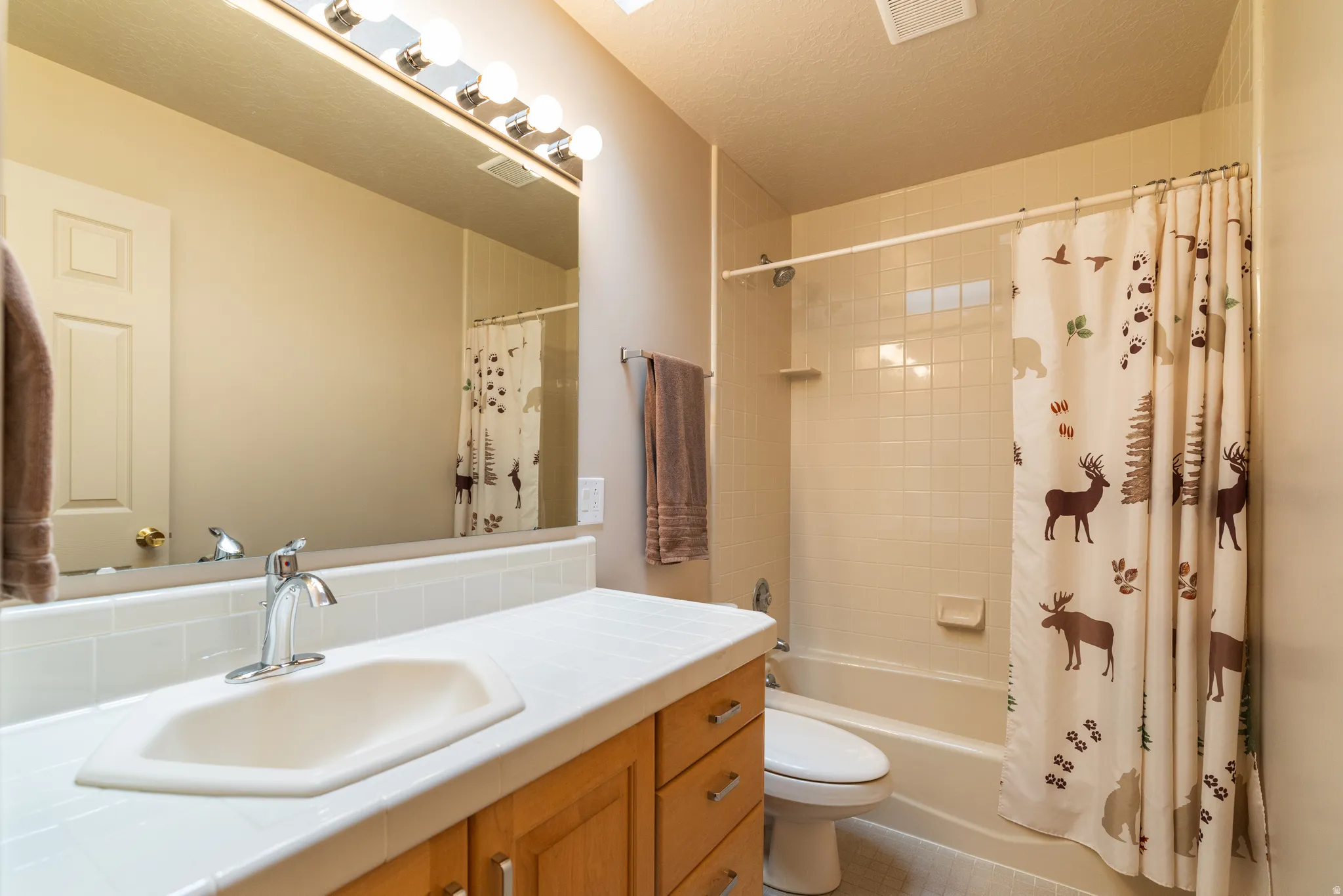 Full bathroom featuring a single vanity, integrated sink, and wood cabinetry