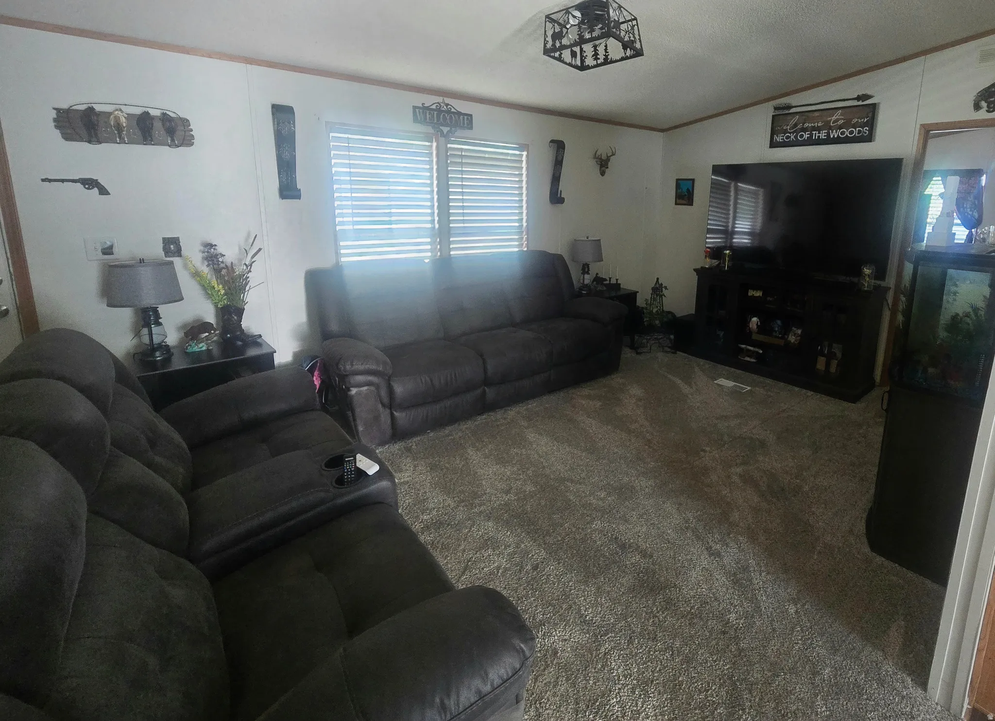 Spacious living area featuring light-toned walls and plush carpeting