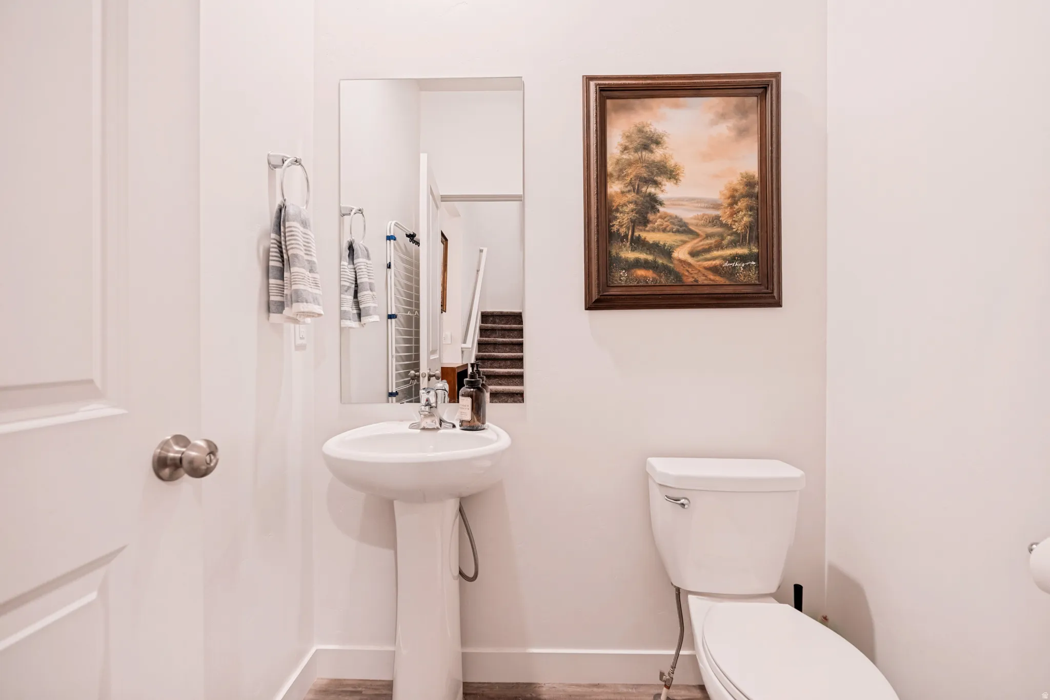 White pedestal sink with a chrome faucet, wall-mounted mirror, and wood-finish flooring