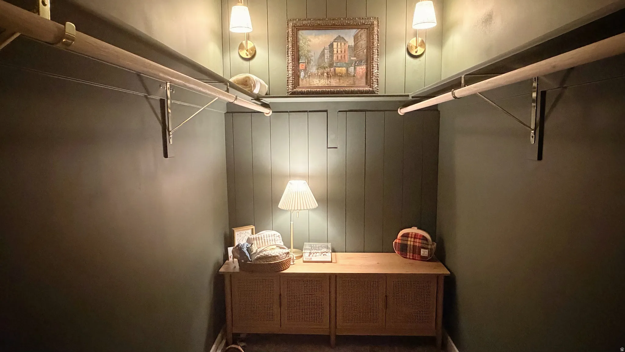 Built-in closet system with upper shelving and hanging rods