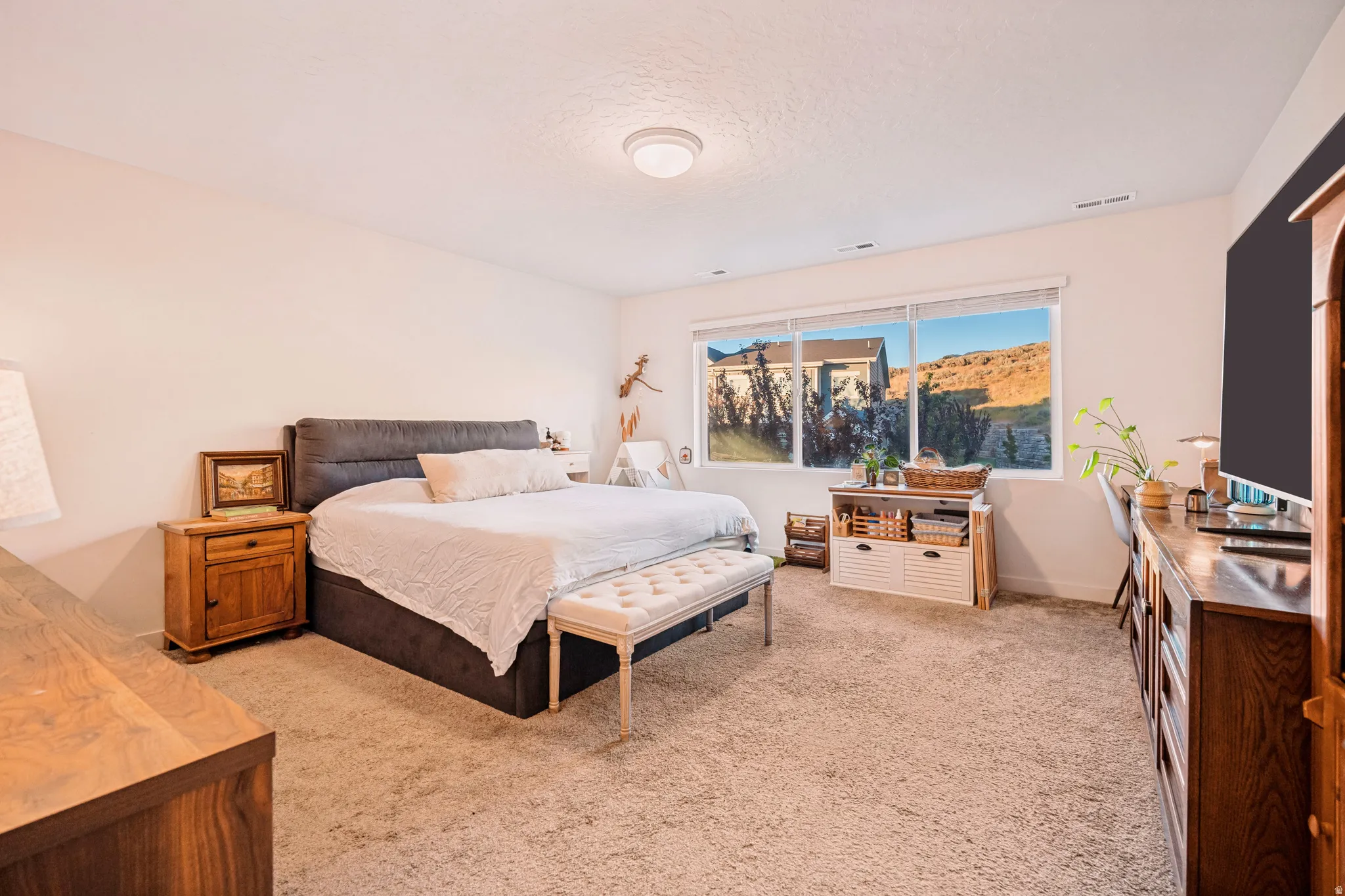 Carpeted bedroom featuring a large window, a ceiling-mounted light fixture, and light-toned walls