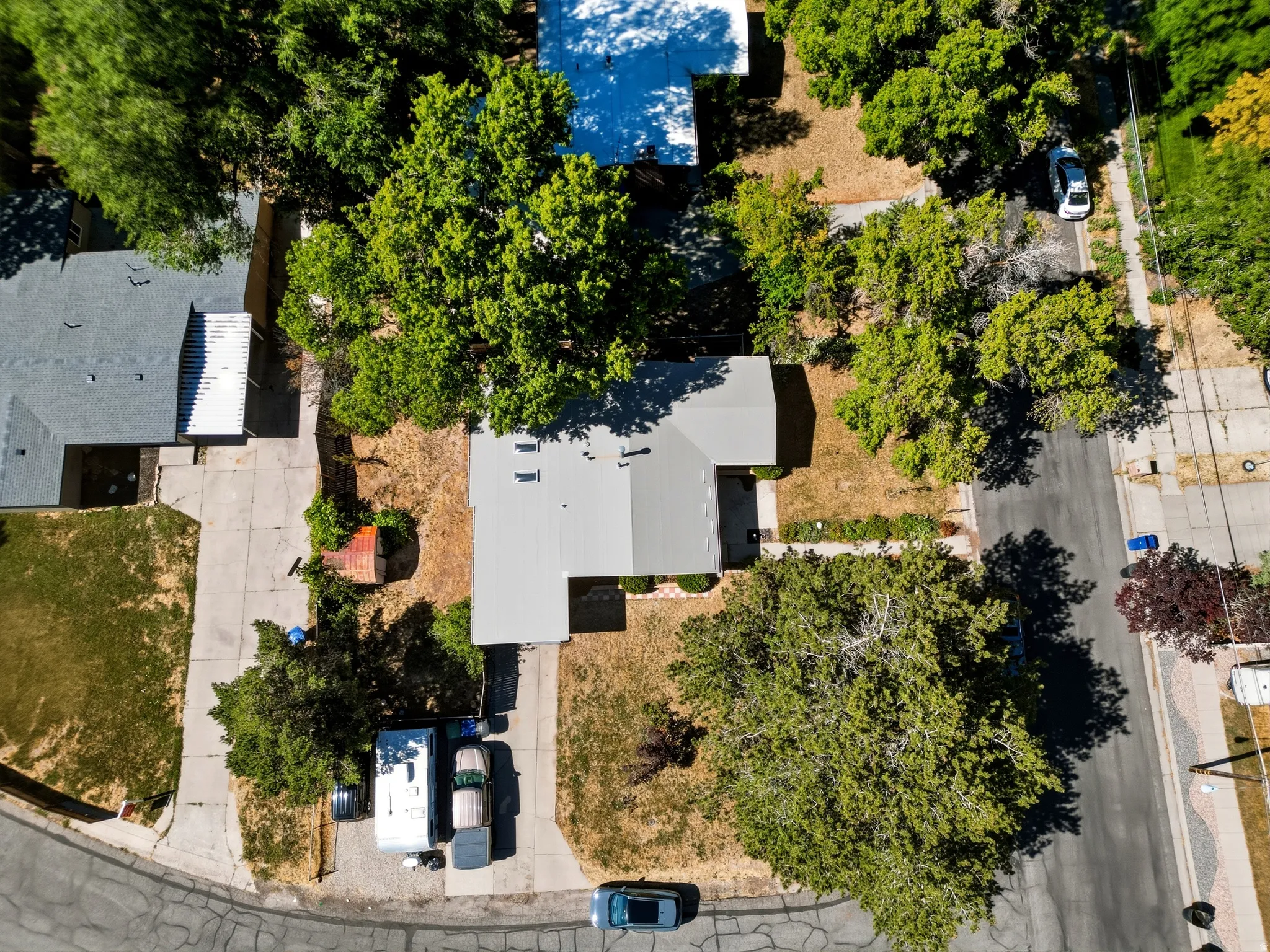 Residential property featuring a grey roof and mature trees
