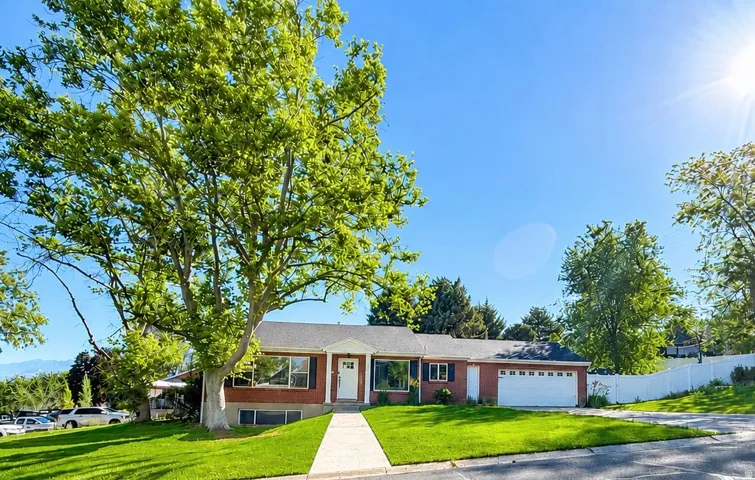 Traditional brick-front ranch-style residence featuring a prominent mature tree, a manicured lawn, a concrete walkway, and an attached two-car garage