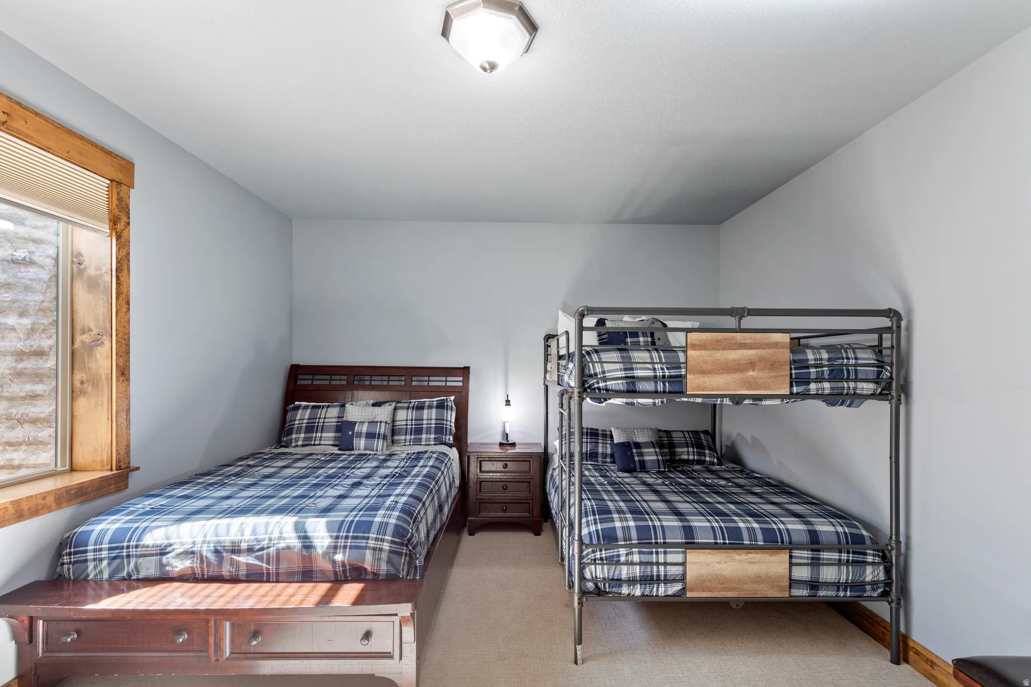 Carpeted room featuring light gray walls and a flush-mount ceiling light