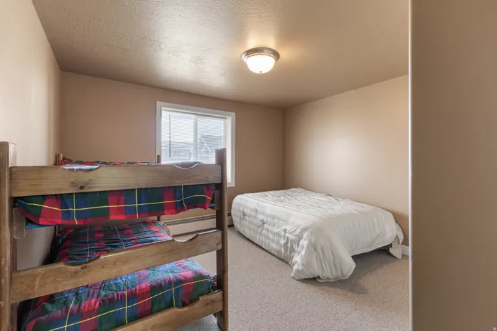 Carpeted room with a single window and neutral wall tones