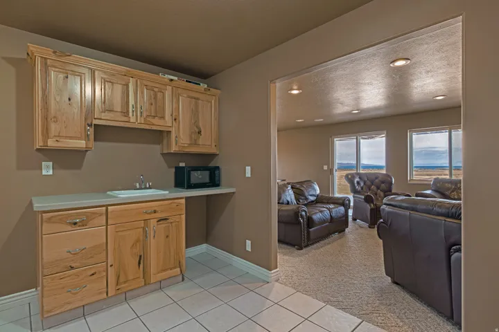 Wet bar area featuring natural wood cabinetry, a light-toned countertop, and a built-in sink
