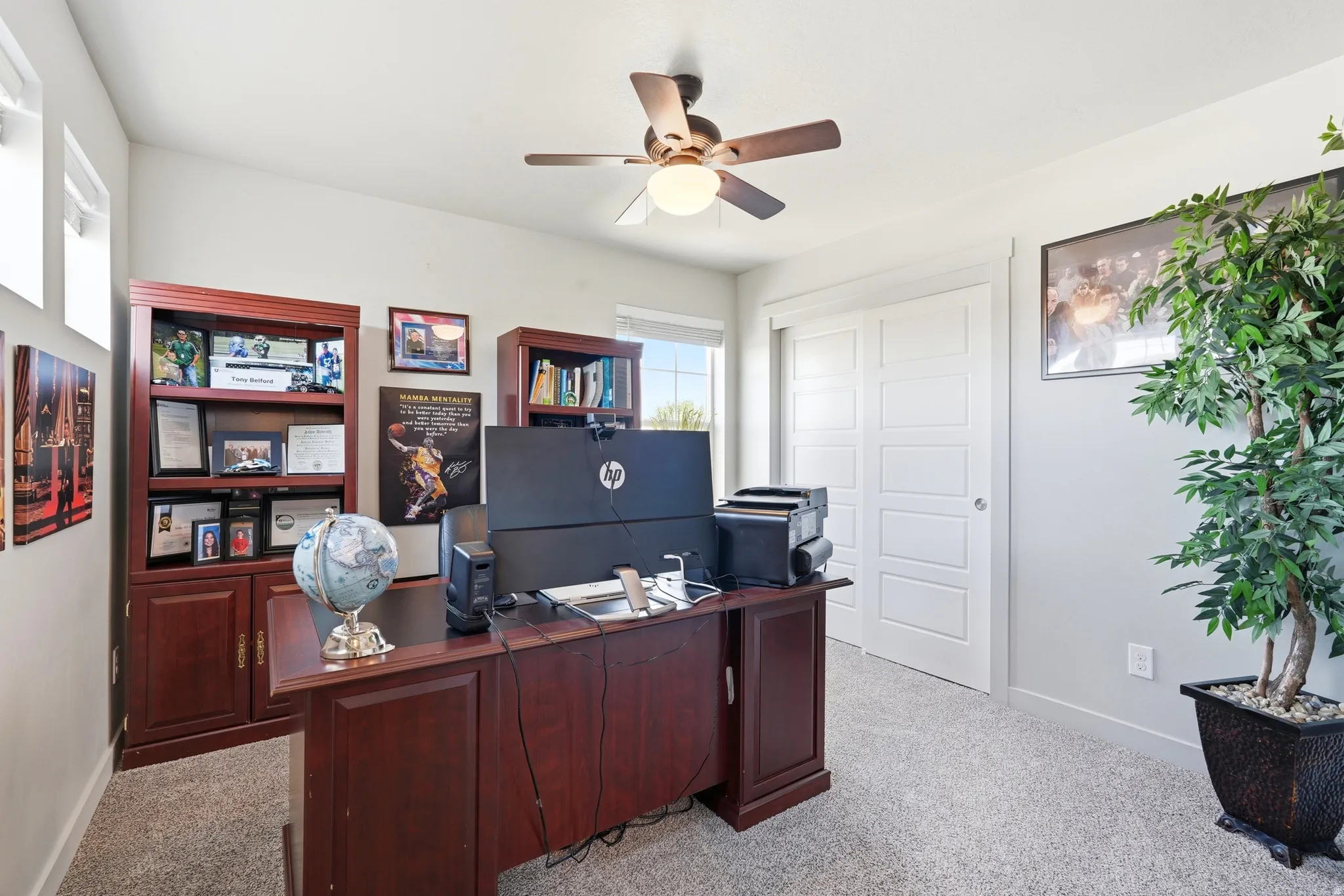Spacious bedroom with light gray walls, textured carpet flooring, and a contemporary ceiling fan with integrated lighting
