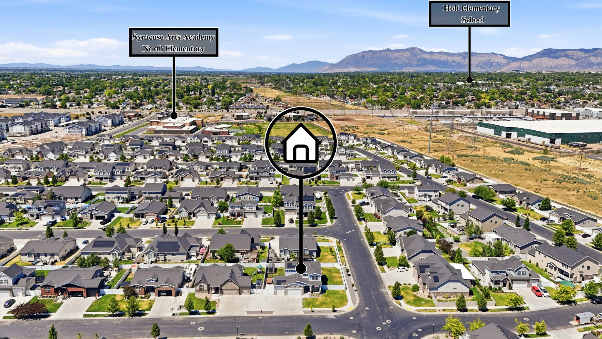 Aerial perspective showcasing a residential neighborhood with a variety of single-family homes