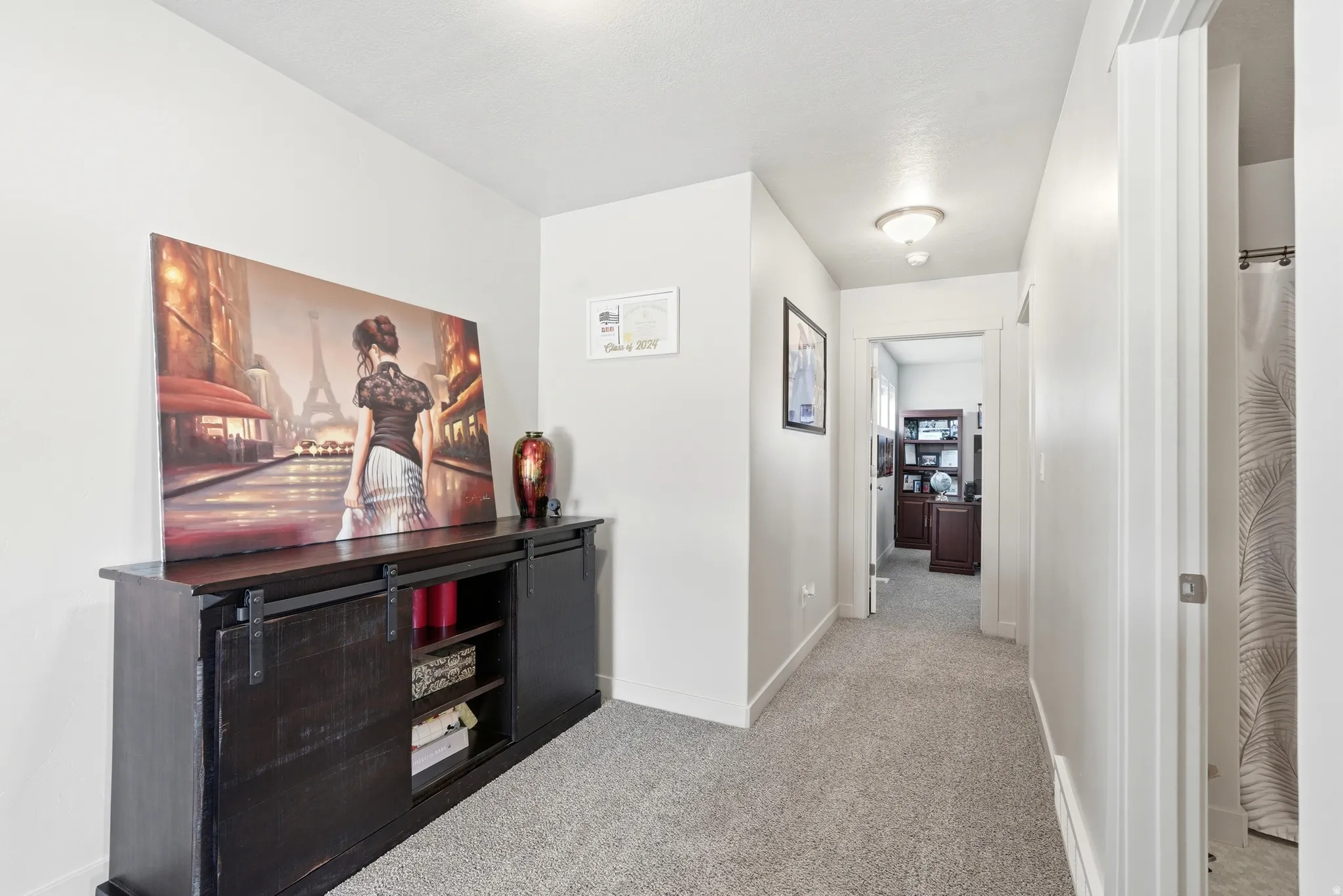 Hallway featuring light gray carpeting, white walls, and a ceiling-mounted light fixture