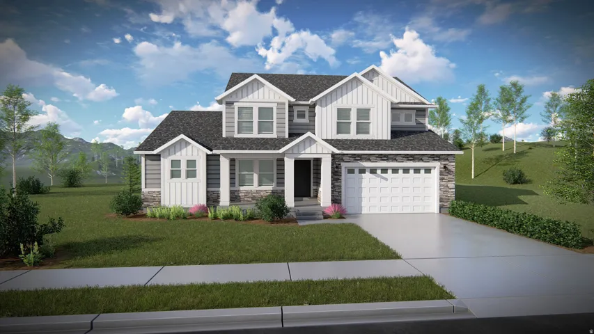 Two-story residence featuring a combination of horizontal siding, vertical board and batten accents, and stone veneer detailing