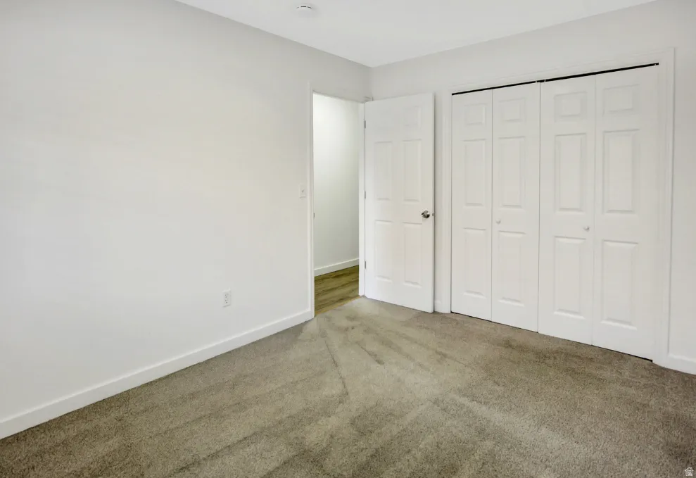 Neutral-toned carpeting paired with white walls, baseboards, and trim