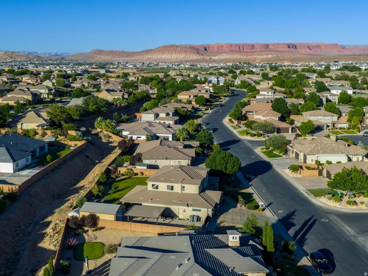 Aerial perspective showcasing a residential neighborhood with diverse housing styles