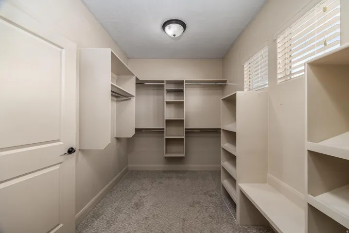 Walk-in closet featuring built-in shelving, hanging rods, two windows with blinds, and light gray carpet flooring
