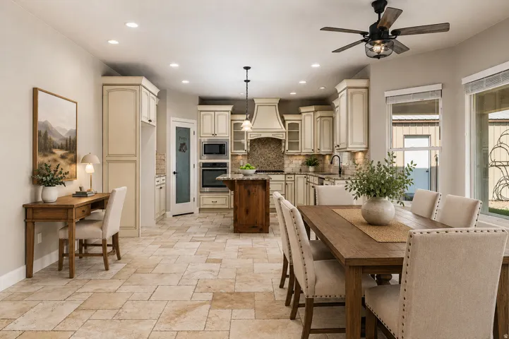 Open-concept living space with light-toned tiled flooring throughout