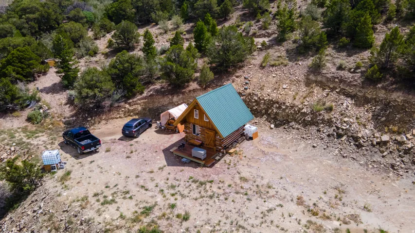 Log cabin exterior featuring a green metal roof, a wood deck, and a natural, unpaved driveway