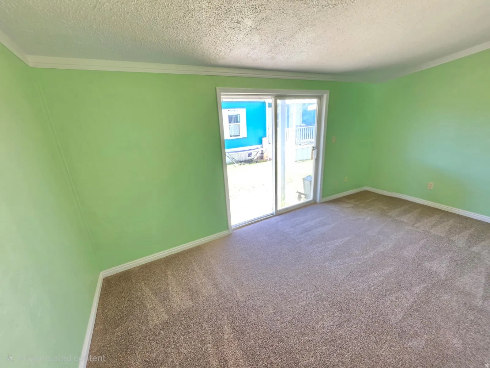 Room featuring light green wall paint, white crown molding, white baseboards, and neutral-toned carpeting