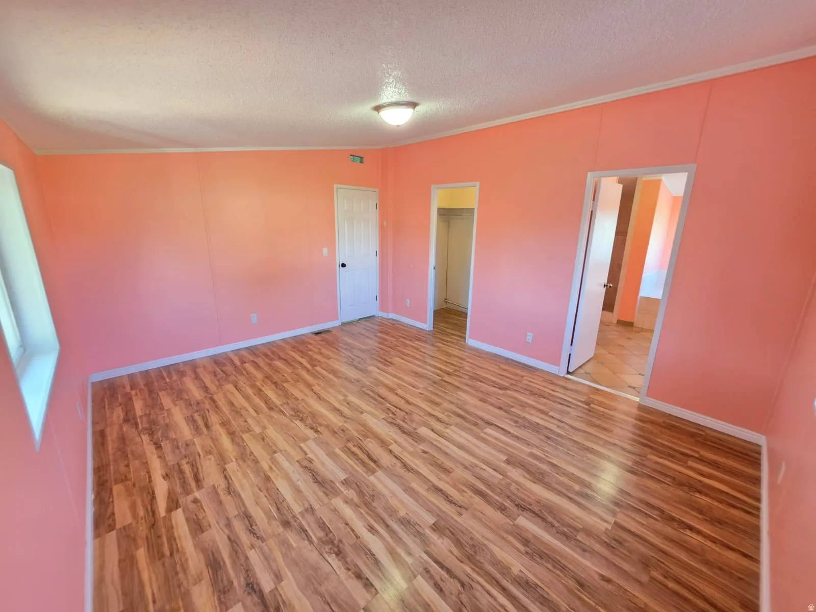 Spacious room featuring wood-finish flooring, a flush-mount ceiling light fixture, white trim, a window, and multiple doorways