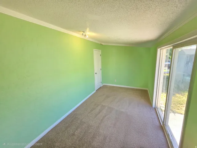 Carpeted interior space with light green walls, white crown molding, and white baseboards