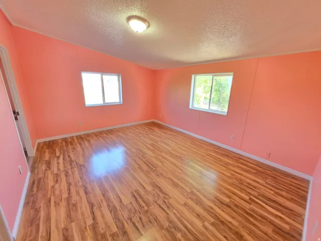 Spacious interior room featuring wood-finish flooring, two windows, and a ceiling-mounted light fixture