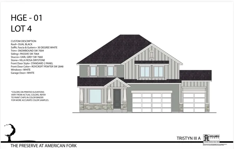 Architectural Drawing. Displaying an elevation of the property with color and material specifications