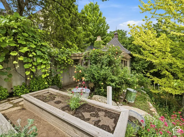Terraced garden featuring a wooden raised planter bed, flagstone pathway, mature climbing vines, and diverse foliage