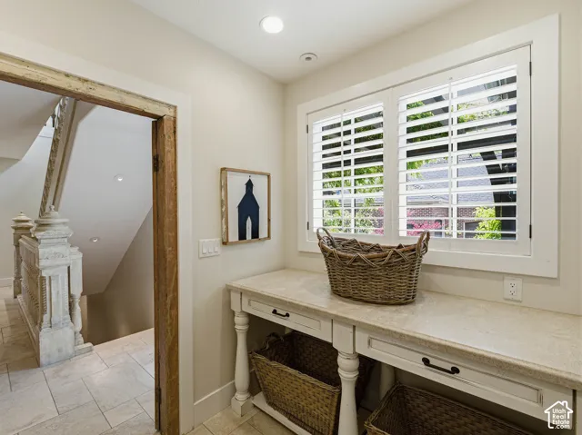 Built-in console table with a stone-finish countertop