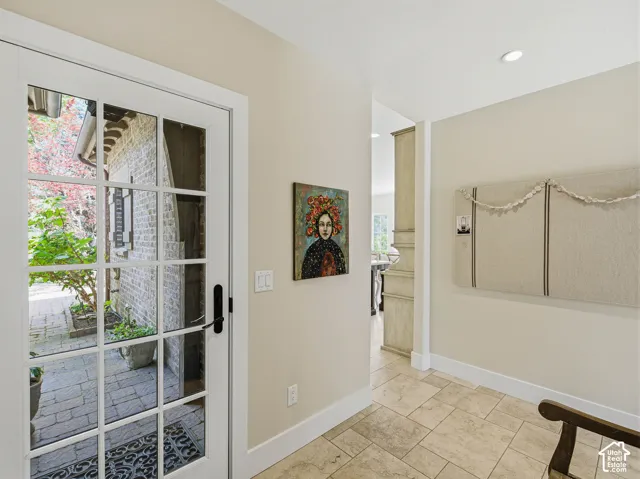 French door with a divided light design and black hardware