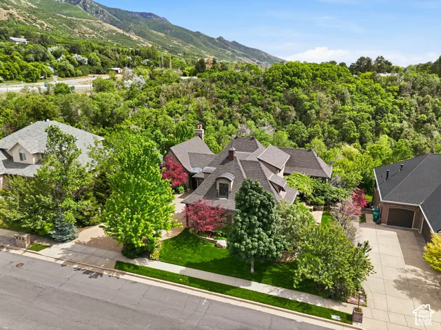 Residential property featuring a multi-gabled roofline and a well-maintained front yard with mature trees