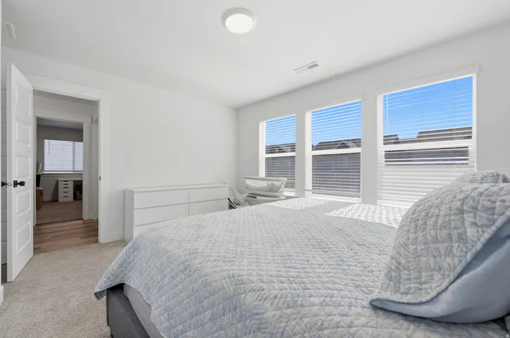 Bright room featuring three large windows with horizontal blinds, neutral carpet flooring, and a white six-drawer dresser