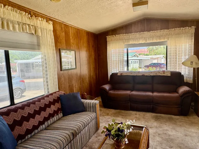 Living area featuring wood-finish wall paneling and a vaulted ceiling
