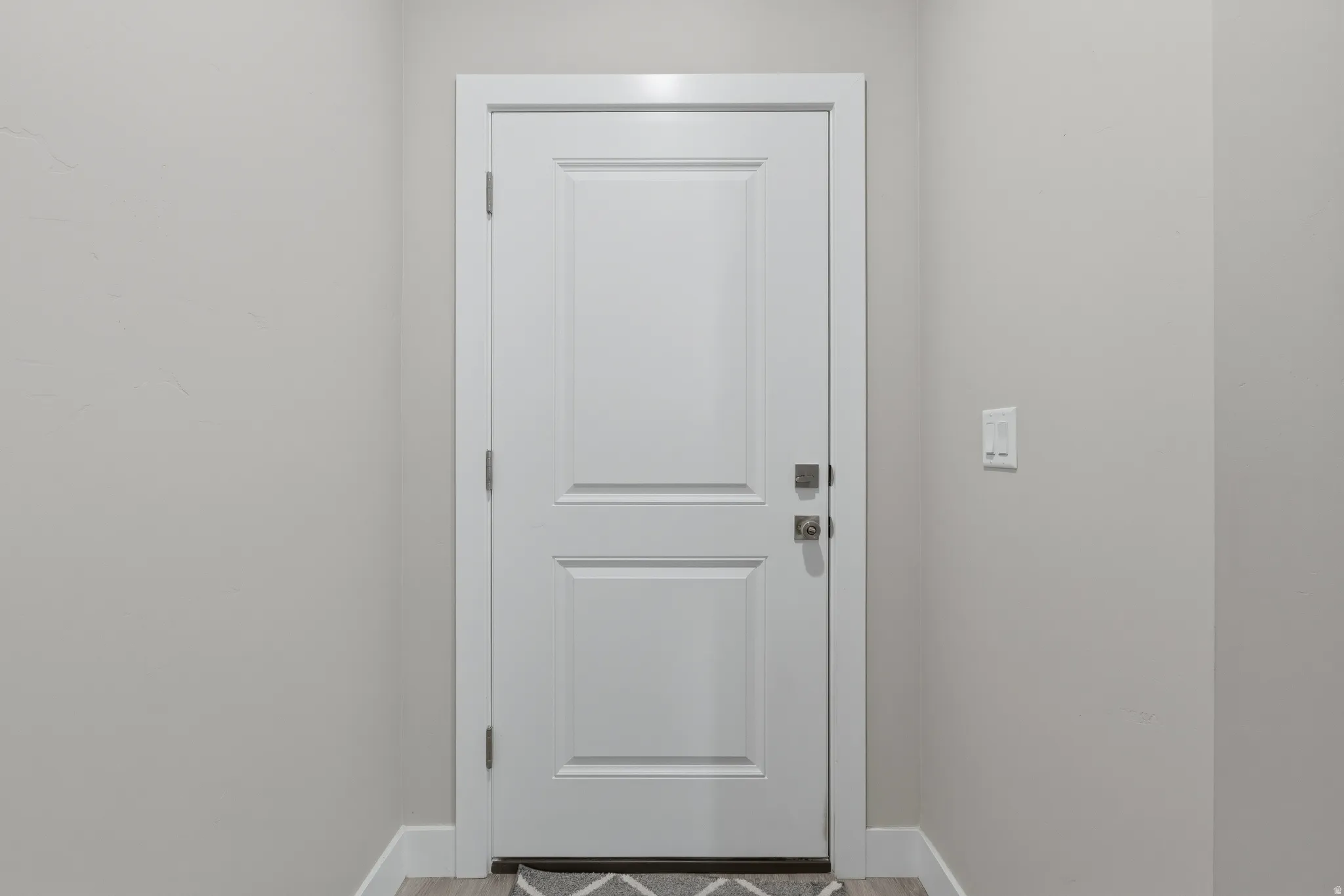 Panel door with white trim, matte silver hardware, and light gray walls