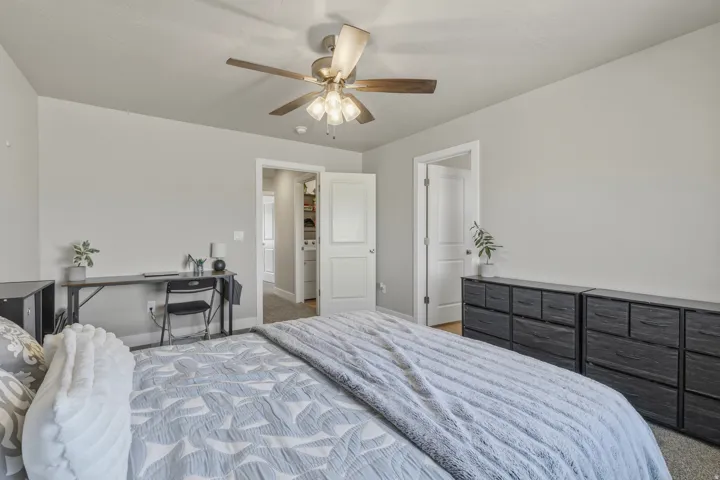 Carpeted room featuring light gray walls, a ceiling fan with integrated lighting, and white trim