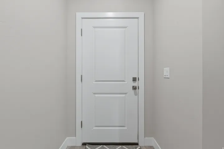 Panel door with white trim, matte silver hardware, and light gray walls