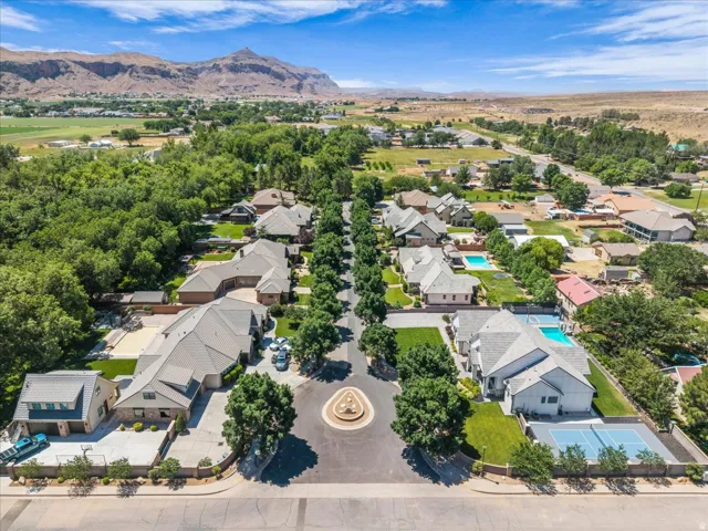 Aerial perspective of a residential cul-de-sac with mature trees and a central landscaped roundabout