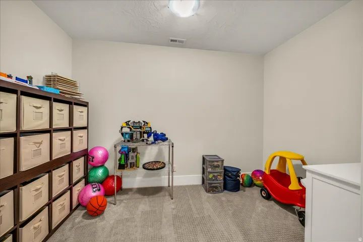 Neutral-toned walls complement the gray patterned carpet