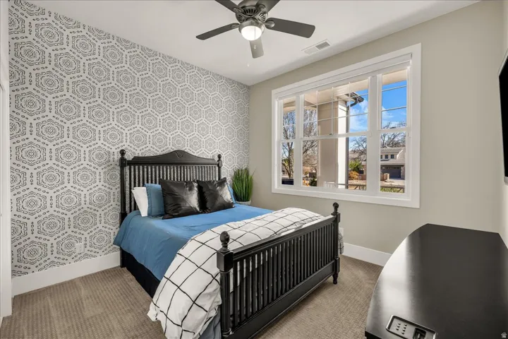 Neutral wall paint complemented by a patterned accent wall