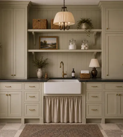 Integrated farmhouse sink with a tall brass faucet, surrounded by extensive sage-toned cabinetry featuring gold hardware
