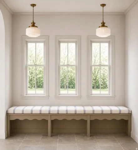 Entryway featuring three double-hung windows, a built-in bench with a striped cushion, two brass and frosted glass pendant lights, and stone tile flooring