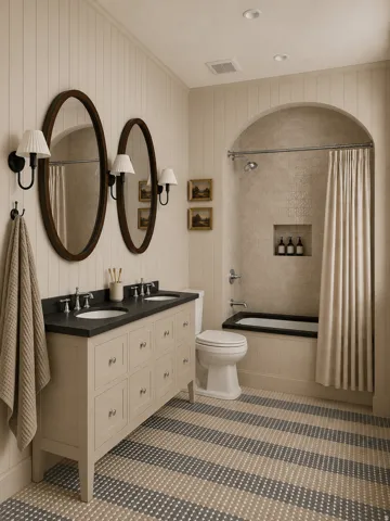 Rendering. Dual oval mirrors with sconce lighting above a double vanity featuring a dark countertop and undermount sinks