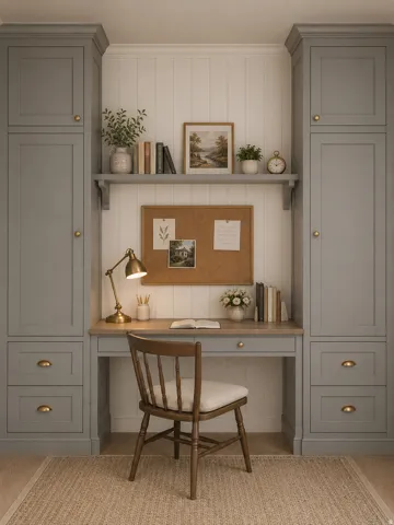 Built-in desk area featuring integrated cabinetry in a muted tone