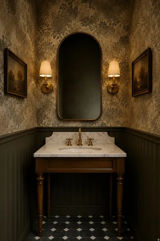 Rendering. Bathroom featuring a freestanding wood vanity with a white stone countertop and integrated sink