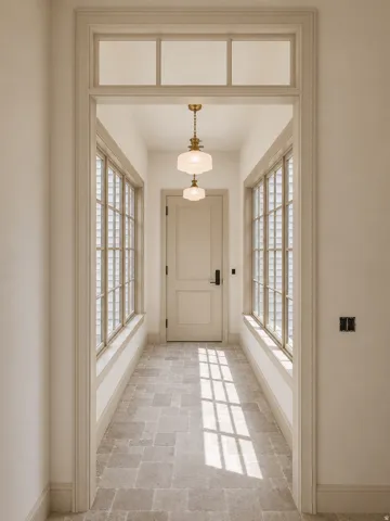 Rendering. Hallway featuring light-toned stone-tile flooring and two pendant light fixtures