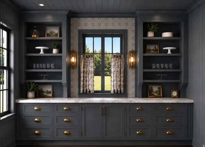 Built-in cabinetry with a light marble countertop and undermount sink
